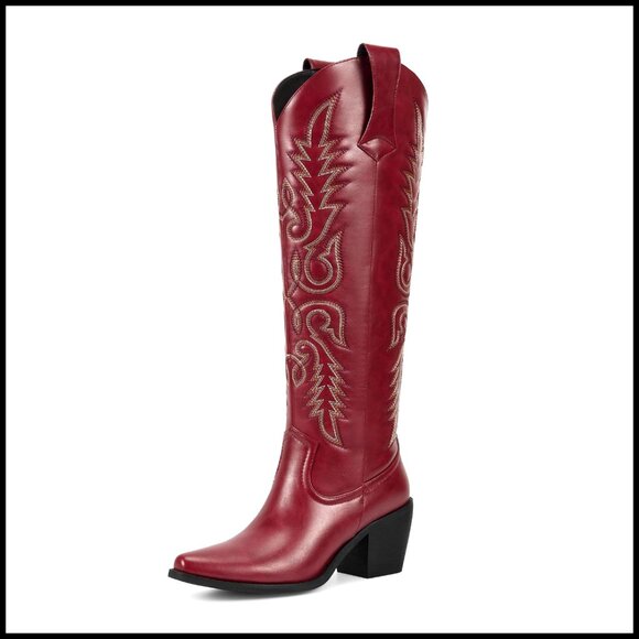 Pointed Toe Knee High Cowboy Boots with Side Zipper 2.95 Inch Heel
